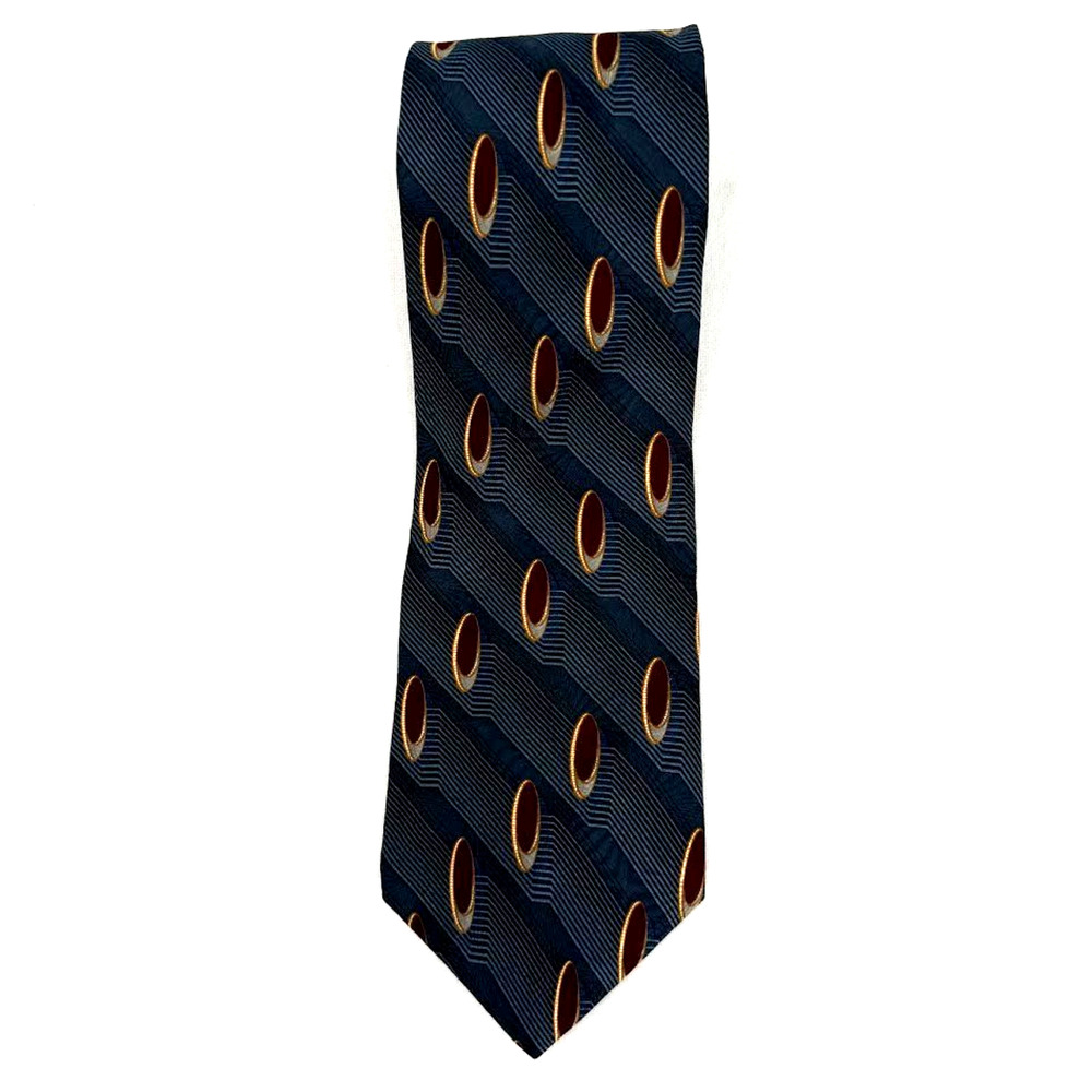 Vintage Bill Blass Black Label Silk Tie Geometric Oval Pattern Blue Red